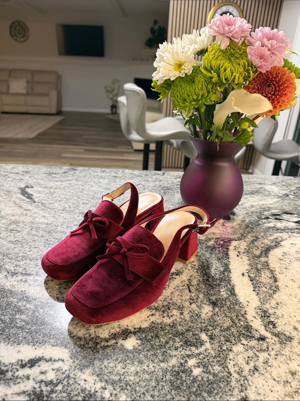 Ivy City Co Burgundy Velvet Slingback Block Heel Mules